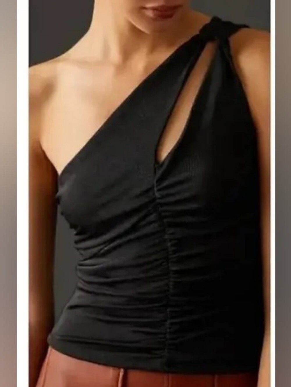 "By Anthropologie" Black One-Shoulder Ruched Tank Going-Out Top